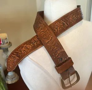 Vintage Brown Embossed Leather Belt thumbnail 1