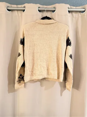 Dressbarn Cream Cardigan with Brown and Green Leaf Motif thumbnail 2