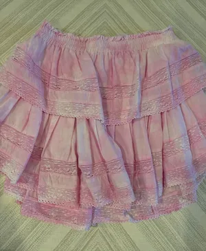LoveShackFancy Pink White Tie Dye Lace Tiered Mini Skirt Size Medium thumbnail 1