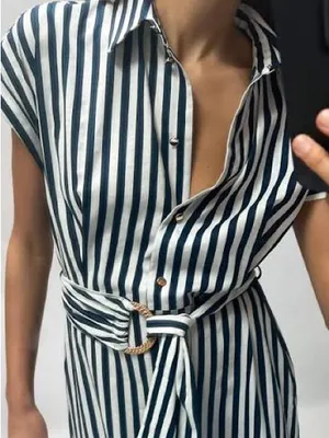 Zara Striped Linen Blend Button-Front Midi Dress Waist Tie - Navy & White thumbnail 3