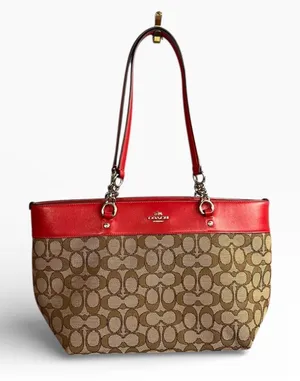 Coach Sophia Chain Tote‎ Bag RED Khaki Signature C Shoulder Laptop Carrier 37118 thumbnail 1