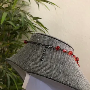 Y2K Gothic Whimsygoth Grunge Red Burgundy Beaded Crystal Rhinestone Large Cross Necklace Choker Pendant Charm #whimsigoth #fleur de lis #skull #heart #bones Measurements pictured thumbnail 3