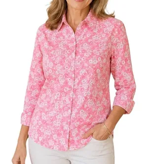 Emma James Size 14‎ Floral Button Down Shirt Peachy Pink 3/4 Sleeve Blouse thumbnail 1