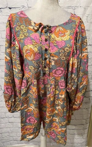RusttyDustty Boho Floral Long Sleeve Button Front Shorts Romper Size 0XL thumbnail 1