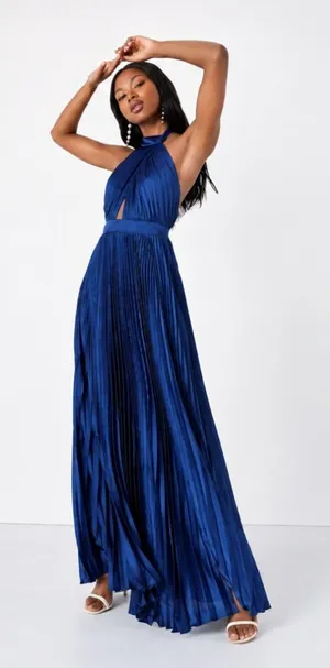 LULU's Prom Wedding Bridesmaid Pleated Satin Open Back Halter Maxi Dress thumbnail 1