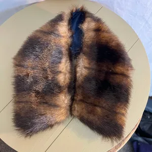 Vintage Faux Fur Collar Wrap – Striped Brown Black Fur Blue Lined Stole thumbnail 1