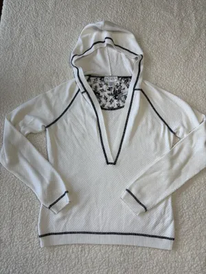 LOFT Plunging V-Neck Waffle Thermal Pullover Hoodie Black Contrast Trim Size S thumbnail 2
