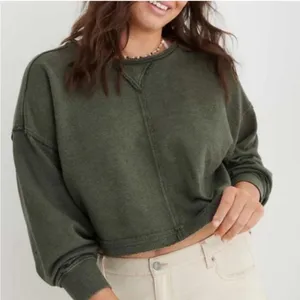 Aerie Cropped Crewneck Sweater Size XS Oversized Beach Party Sweatshirt Green thumbnail 1