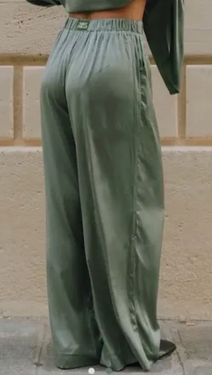 Daily Drills Silky Pull On Resort Wide Leg Satin Lounge Pants in Lagoon Green XS thumbnail 1
