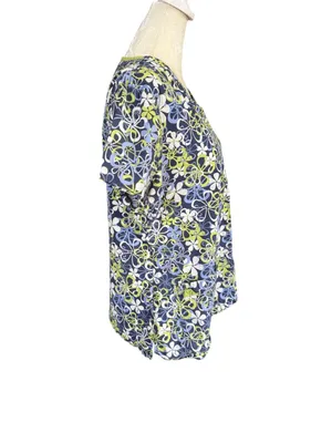 MC2 lime green and blue floral short sleeve v-neck scrub top front pockets L thumbnail 3