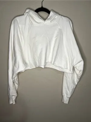 TNA Aritzia Sweatfleece Terry Mega Fit White‎ Cropped Raw Hem Hooded Sweatshirt thumbnail 3