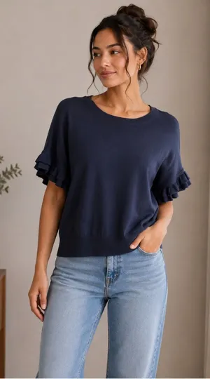 Ann Taylor Navy Ruffle Sleeve Knit Top Women’s Size: Small thumbnail 1