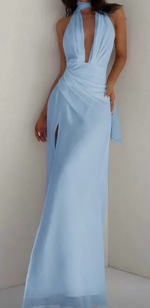 Elegant Blue Halter Maxi Dress Size 0 thumbnail 1
