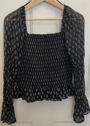 Patrons of Peace Womens L Cropped‎ Black Paisley Smocked Sheer Puff Long Sleeve thumbnail 1
