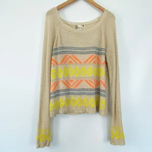 Lulus Boho Aztec Beige Embroidered Print Lightweight Knit Sweater Womens L thumbnail 2