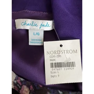 Charlie Jade 100% Silk Purple Floral Fit & Flare Cocktail Romantic Dress L NWT thumbnail 7