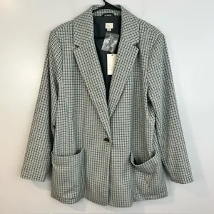 NWT A New Day Plaid White Blue Brown Oversized Preppy Blazer Jacket Size XXL thumbnail 1