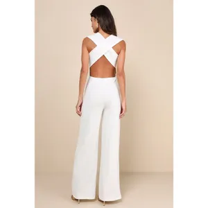 NWT Lulus Thinking Out Loud White Backless Jumpsuit Cocktail Classy Size XS thumbnail 3