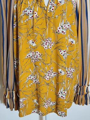 Gigio Mustard Yellow Boho Peasant Blouse Floral and Stripe Print Size Large thumbnail 3