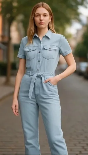 Avec Les Filles Light Wash‎ Denim Short Sleeve Button Front Utility Jumpsuit 26 thumbnail 1