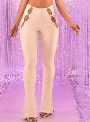 Oh Polly Trousers Women High Waisted Cut Out Flare 6 Sand‎ Rhinestone 4684-T NWT thumbnail 1