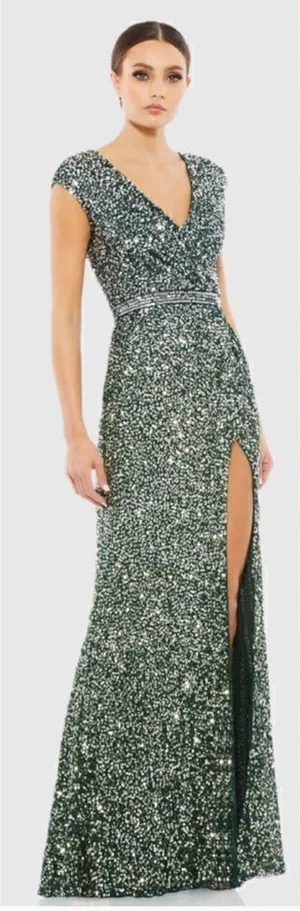 Mac Duggal 5489 Womens Green Cap SLEEVE SEQUINED HIGH SLIT GOWN thumbnail 1