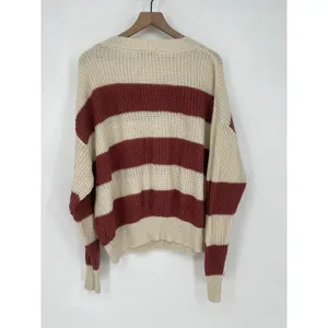 Favlux Fashion Cream Rust Striped Crew Neck Sweater Size L Acrylic Chunky Knit thumbnail 5