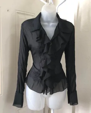Whimsygoth gothic grunge steampunk Black lace & ruffle button shirt blouse top long flare sleeves office siren core dark academia Y2K thumbnail 1