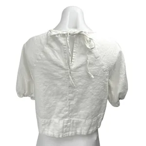 House Of Harlow 1960 Women's White Linen Short Puff Sleeve Crop Blouse Top Sz S thumbnail 2