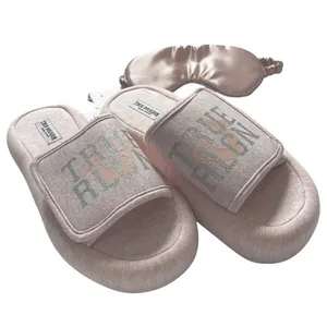 True Religion Women's Pink Plush Open Toe Slippers Large 8-9 Horseshoe Logo thumbnail 2
