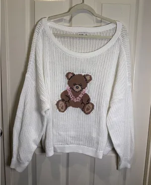 Hollister White Open Knit Teddy Bear Graphic Sweater Slouchy Scoop Neck Size XL thumbnail 1