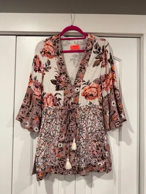 Maaji Floral Ruffled Swim Coverup in White‎ and Pink small thumbnail 2
