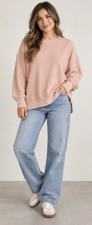 Aerie L Oversized Waffle Knit Crewneck Sweatshirt Blush Pink Side Slit Cozycore thumbnail 1