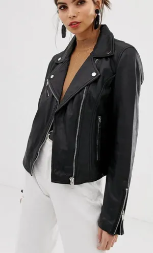 STRADIVARIUS 100% Leather Biker Jacket Black Medium thumbnail 1
