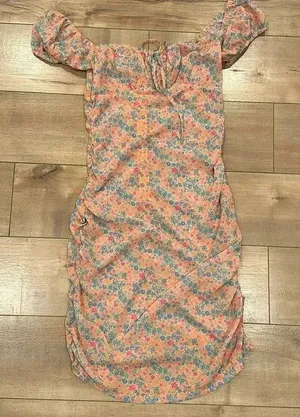 Tiger Mist Orange Floral Back Ruched Mini Dress Sz S thumbnail 1