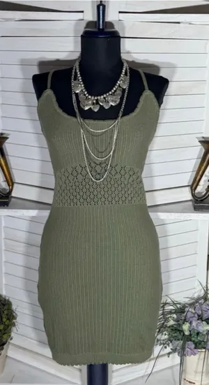 Y2K mini dress sage green crocheted cotton boho fairy backless festival grunge L thumbnail 1