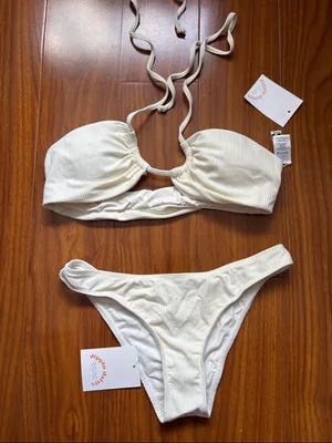 Dippin Daisys 2 Piece Off White Ribbed Swimsuit Nocturnal Bottom and Amalfi Top thumbnail 1