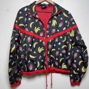 Nike Women Woven Jacket Mediun Black‎ Fruit Banana Strawberry Windbreaker thumbnail 1