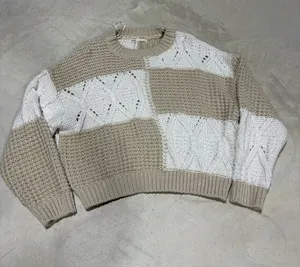 Pull & bear Beige and White Patchwork Cable Knit Sweater small thumbnail 1