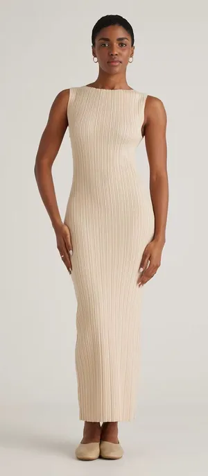 Quince Cotton Cashmere Ribbed Sleeveless Midi Dress Sz L Heather Oatmeal Summer thumbnail 1