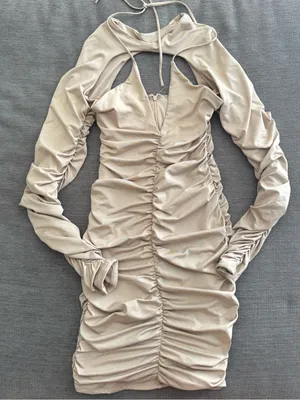 Oh Polly Beige Ruched Cutout Long Sleeve Mini Dress thumbnail 2