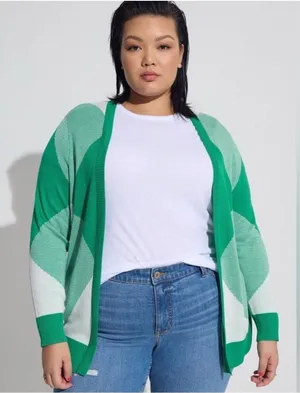 Torrid Cardigan Open Front Sweater Green White Checkered Print Sz 0 (L)‎ thumbnail 1
