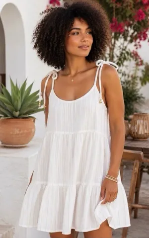 Aerie Magic Hour White Gold Striped Tie-Shoulder Cotton Swim Coverup Dress sz M thumbnail 1