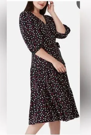 Kate Spade L Drop Waist Wrap Black and Pink Polka Dot Dress thumbnail 1