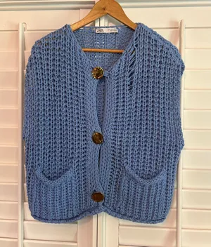 Zara Blue Sweater Vest‎ With Gold Buttons Size Medium thumbnail 1