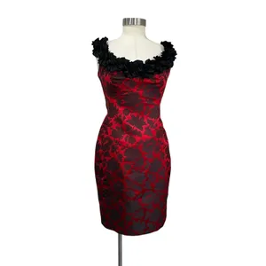 Maggy London Red Black‎ Brocade Ruffle Neck Cocktail Party Dress Size 8 thumbnail 2