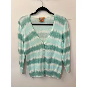Tory Burch Theo Cardigan Mint White Shibori Tie Dye Striped L thumbnail 2