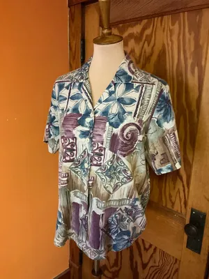 Vintage 80s Season Ticket Blouse Medium Boho Abstract Print Pocket Top thumbnail 4
