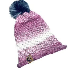Handmade pom hat rose pink knit slouchy removable faux fur pompom adult winter thumbnail 6