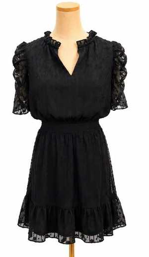 Express Black Swiss Dot Mini Dress Size M Smocked Ruffle Hem Flutter Sleeve thumbnail 1